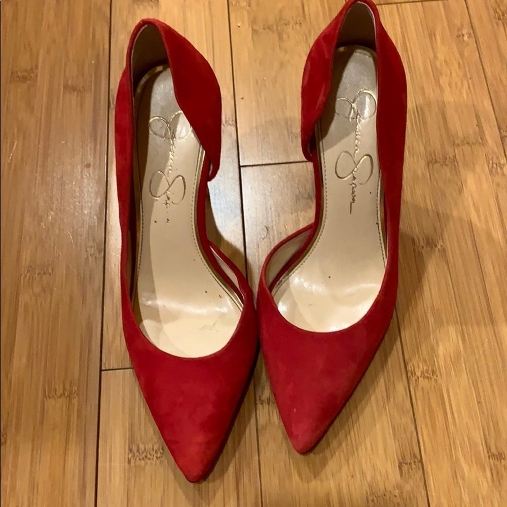 Red pointed toe pumps